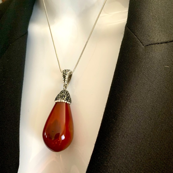 Big Semiprecious stone light brown gem stone pendant necklace rhinestones chain - Picture 2 of 15